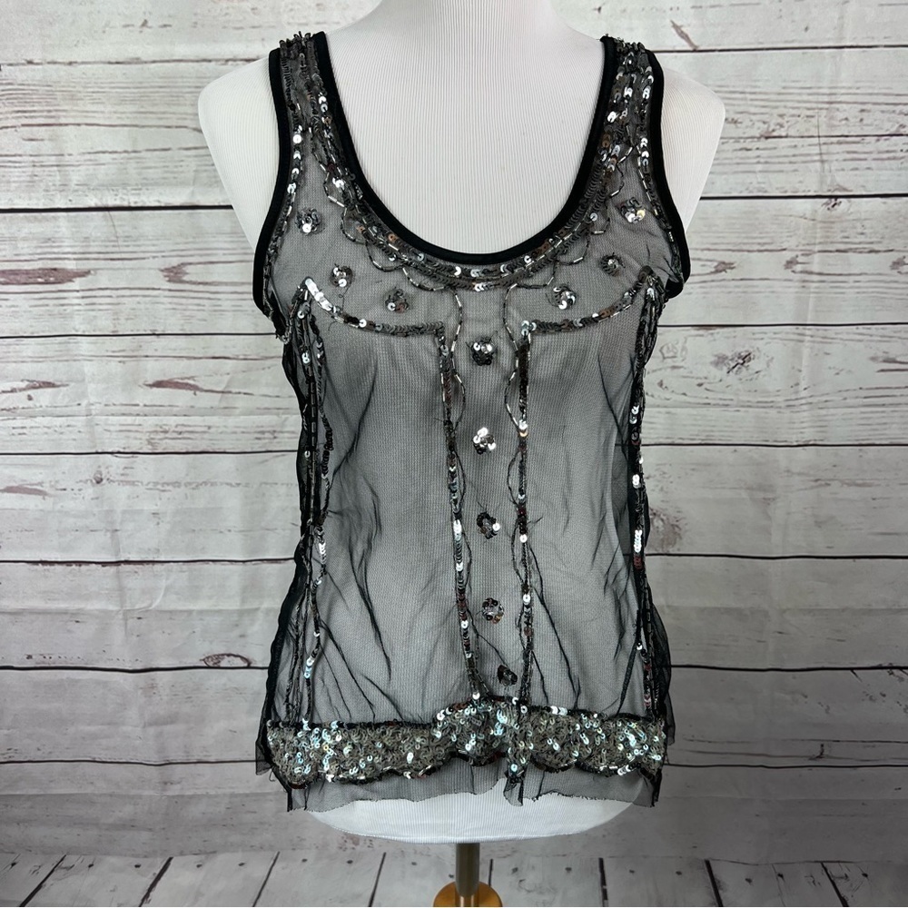 SHEER black embroidered sleeveless top SZ M/L